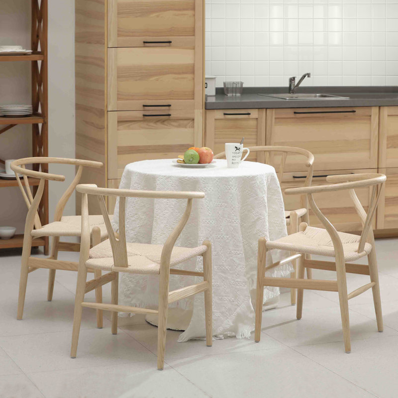 Solid Wood Dining Chair, Mid-Century Chair, Cream/Natural Wood