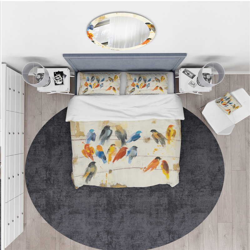 Multicolor Bird Meeting - Traditional Animal Duvet Cover Set - Microfiber Polyester, King Duvet Cover + 2 Shams