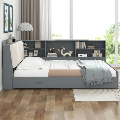 Wood Platform Bed With Storage Headboard, Shelves And 2 Drawers