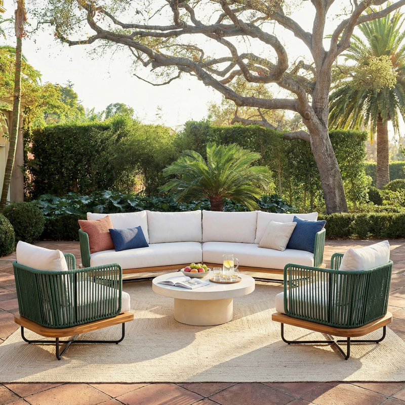 Braylon Outdoor 4-Piece Acacia Wood Woven Rope Conversation Set With Cushions (Table Not Included)
