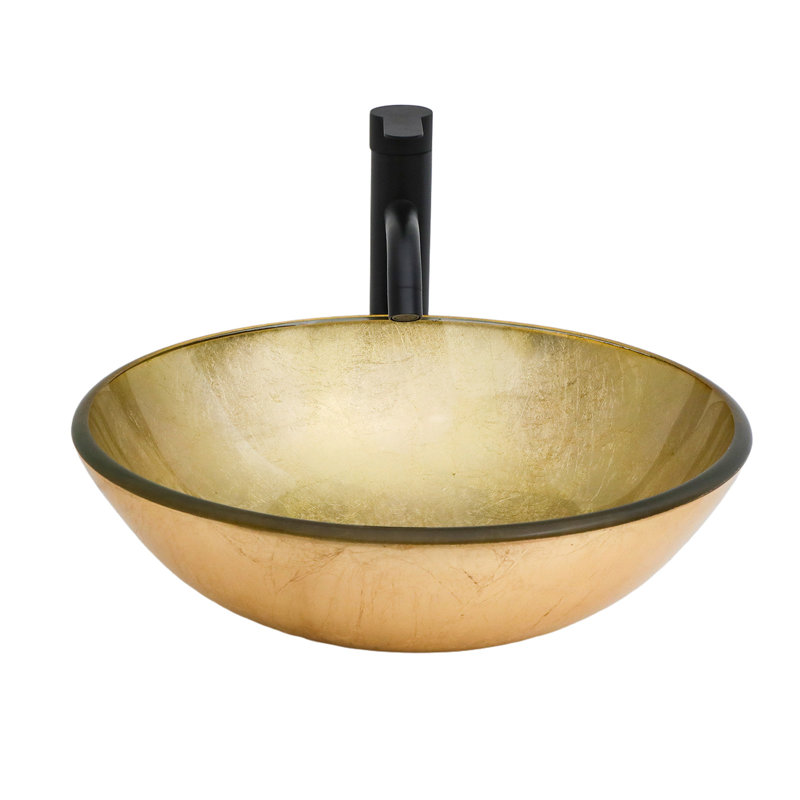 Lavabo de salle de bain vasque en verre trempé avec robinet noir et bonde escamotable, Doré