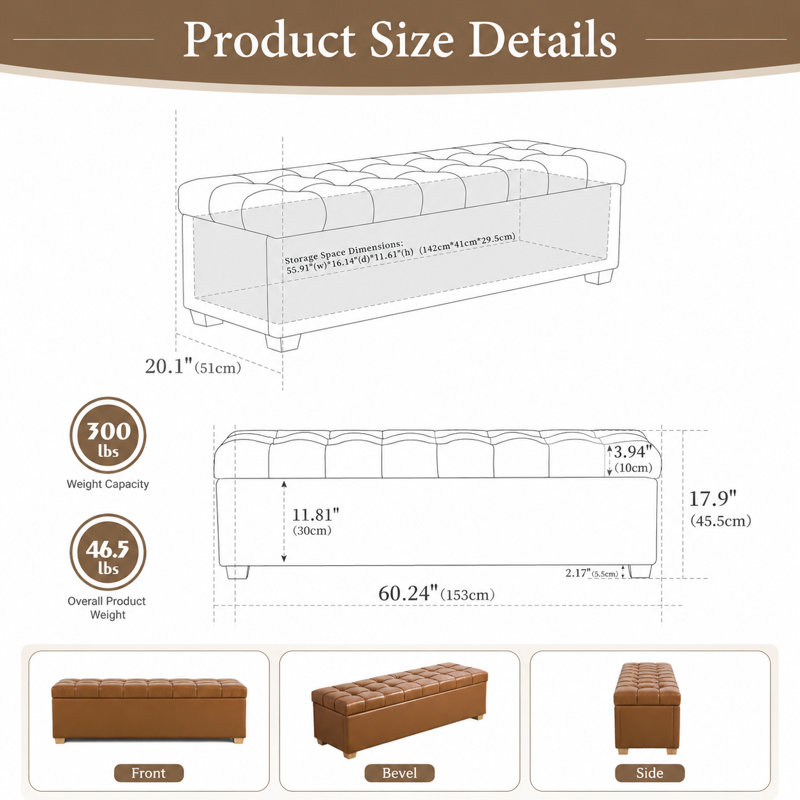 Upholstered Storage Bench with Flip-Top, Tufted Design, Footrest Ottoman, 300 lbs Capacity