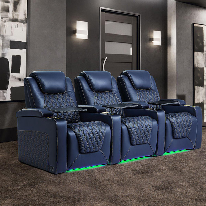Leather Power Reclining Home Theater Seating with Cup Holder, Blue