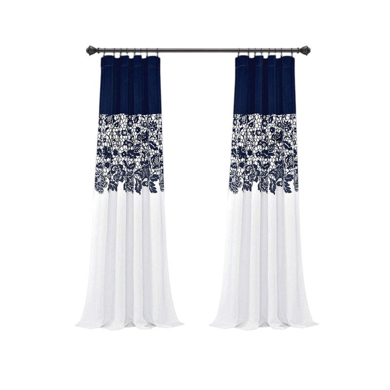 Navy and White Floral Blackout Polyester Window Panels