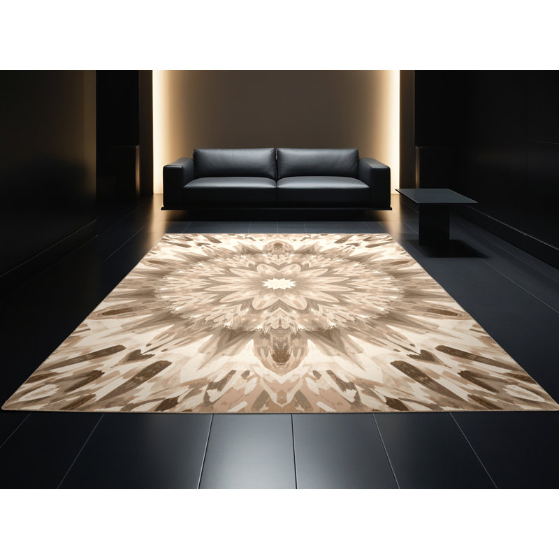 Machine Washable Patterns And Textures Posh & Luxe Starburst Rug in Brown – Beige Binding, 4' Square