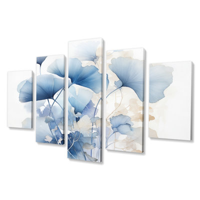 Delicate Blue Ginko Leaves On White Watercolor - Leaves Canvas Wall Art - 5 Panels