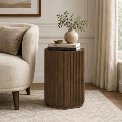Oak Crest Fluted Hexagonal Accent Table with Storage in Rye – American White Oak Veneer