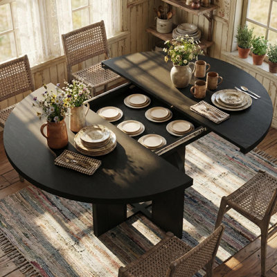 Extendable Dining Table, 47" to 63" Expandable Kitchen Table with Wide Legs, Heavy Duty Base, Space Saving Farmhouse Dinner Room Table for 4-8 People, Vintage Black