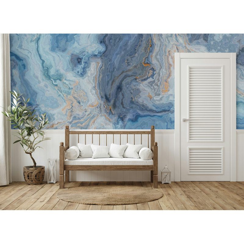 Papier peint effet marbre bleu avec veines dorées douces, L 115 po x l 225 po