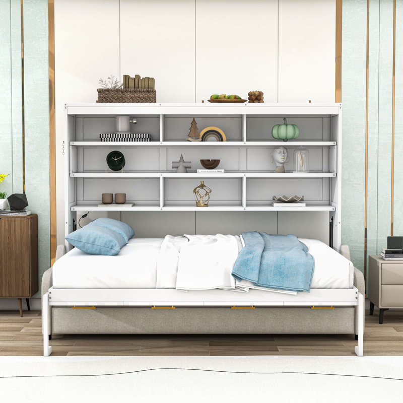 Murphy Bed with Sofa, Built-in Storage Shelves, and LED Lighting, Full