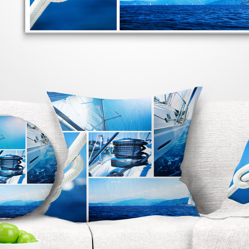 Voilier dans un collage de mer bleue - coussin imprimé Sea & Shore, 18 po x 18 po, Coussin décoratif