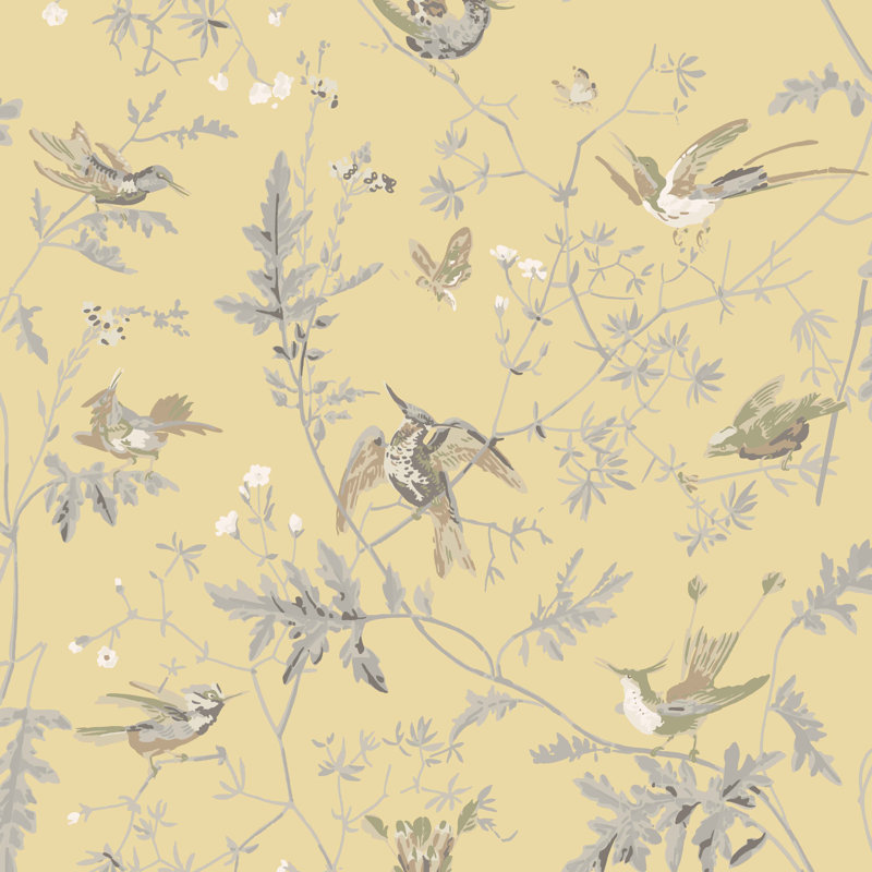 Hummingbirds Silk, Gold/Soft Gray