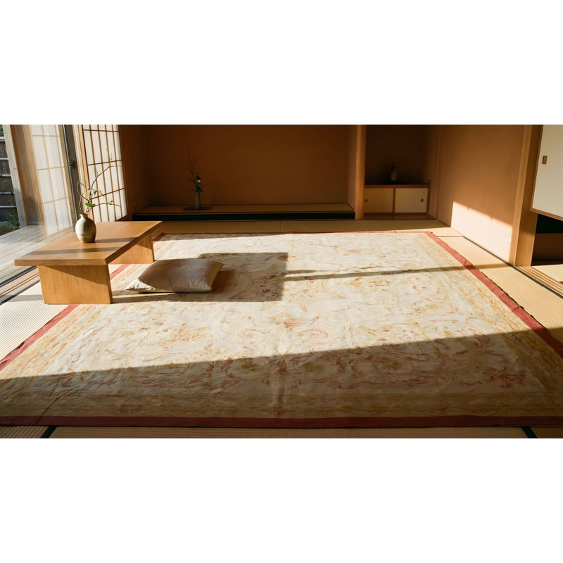Light Ivory Color Antique Square Room Size Flatweave French Aubusson Rug