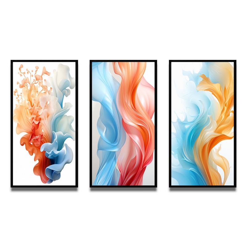 Contemporary Contemporary Waves Abstract Orange and Blue - Art abstrait à l'encre liquide, ensemble de 3 pièces