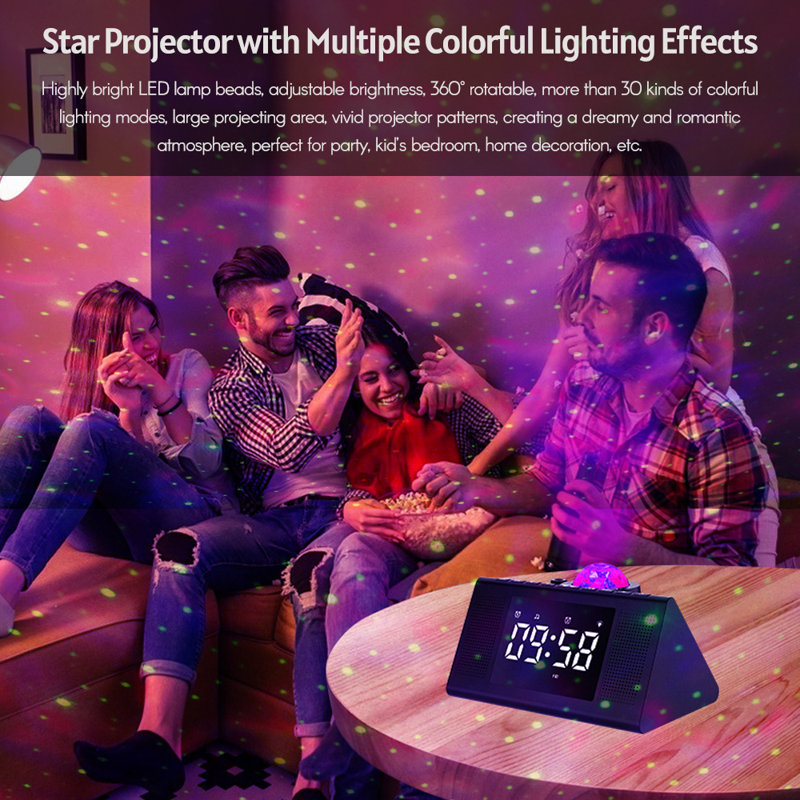 Veilleuse projecteur d'étoiles multifonctionnelle avec réveil, haut-parleur Bluetooth et musique avec bruit blanc pour chambre d'enfant ou d'adulte