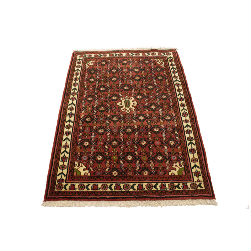 Tapis unique en laine noué à la main de style années 2010 de 3 pi 6 po x 4 pi 9 po noir / jaune / rouge Mittler