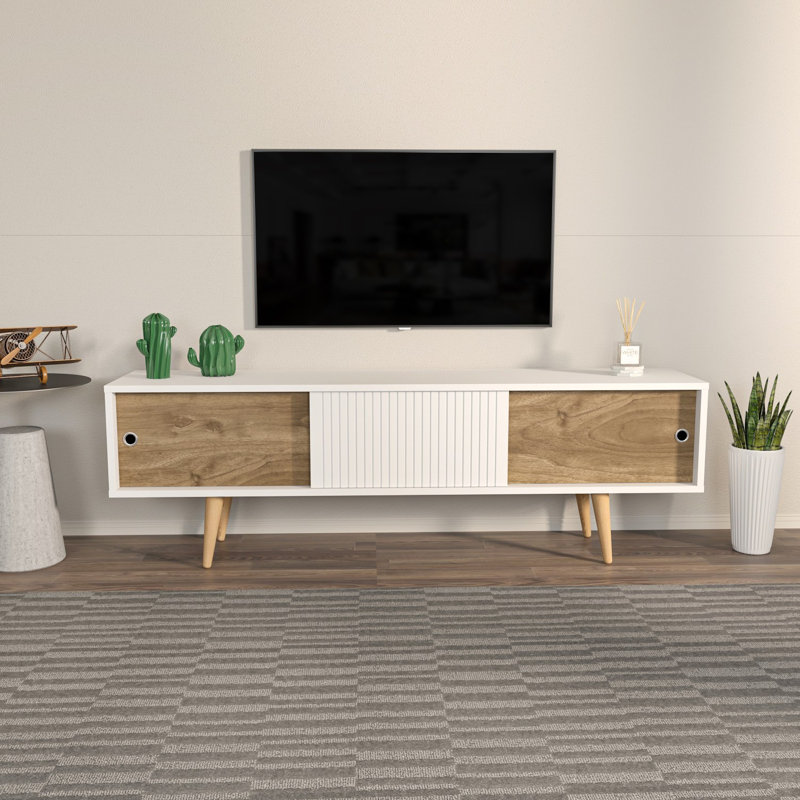 Meuble télé moderne blanc et noyer de 63,0 po x 17,7 po x 15,4 po | 100% panneau de particules enduit de mélamine, épaisseur: 0,7 pouce | Design scandinave, élégant et fonctionnel pour le salon et les espaces de divertissement