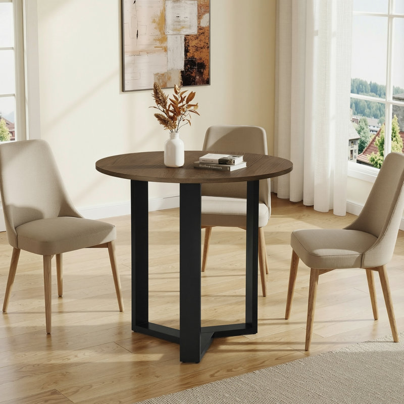 Jinay Round Solid Wood Base Dining Table, Brown/Black