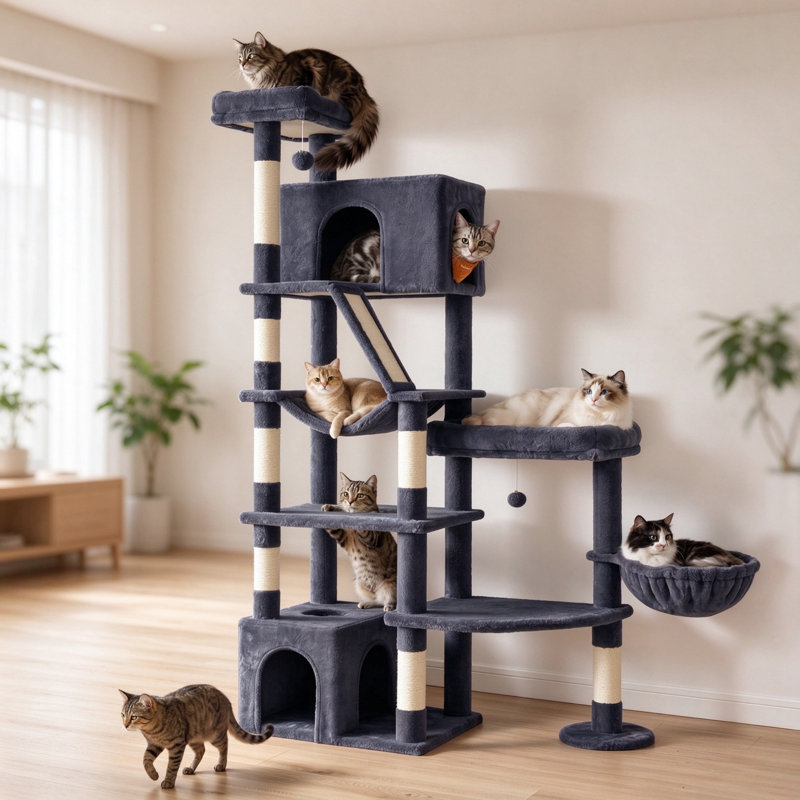 188.2cm Tall Cat Tree Tower for Extra Large Indoor Cats, Multi-Level Design with Sisal Scratching Posts & Scratching Board, Dove Grey