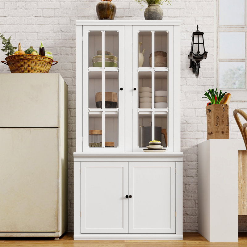 75.25''H 36.25''W Freestanding Pantry Cabinet With Glass Door, Farmhouse Display Cabinets With Storage, Hutch With Lattice Window For Hallways, Livingroom Kitchen & Office,White