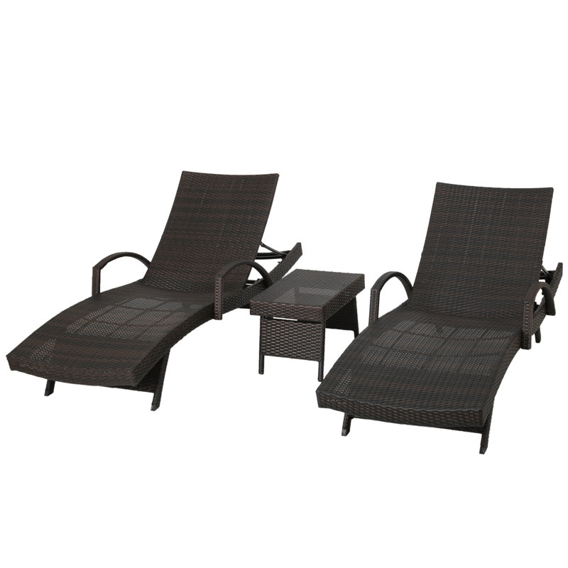 Billur Outdoor Chaise Lounge Set with Table, Dark Brown