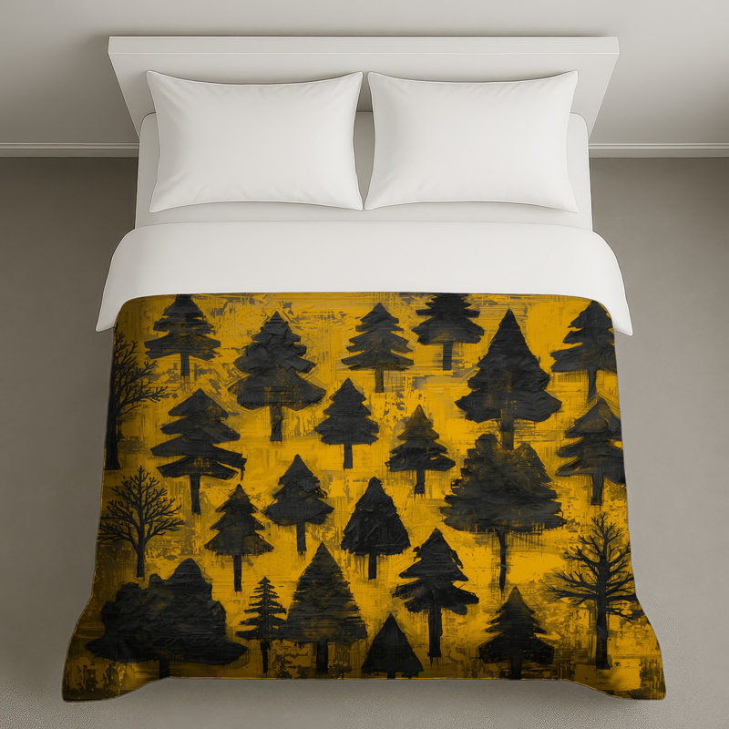 Arbres noirs sur des housses de couette jaunes, Grand lit
