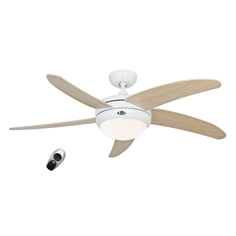 132cm Ceiling Fan with Light Kit, Lacquered White with Maple Blades