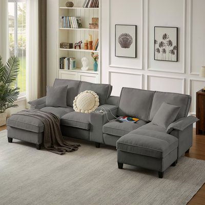 Canapé-lit modulaire en velours côtelé de 120 po avec rangement - conception moderne en forme de U, 4 places, parfait pour le salon, un appartement ou un salon, avec porte-gobelets pour plus de commodité