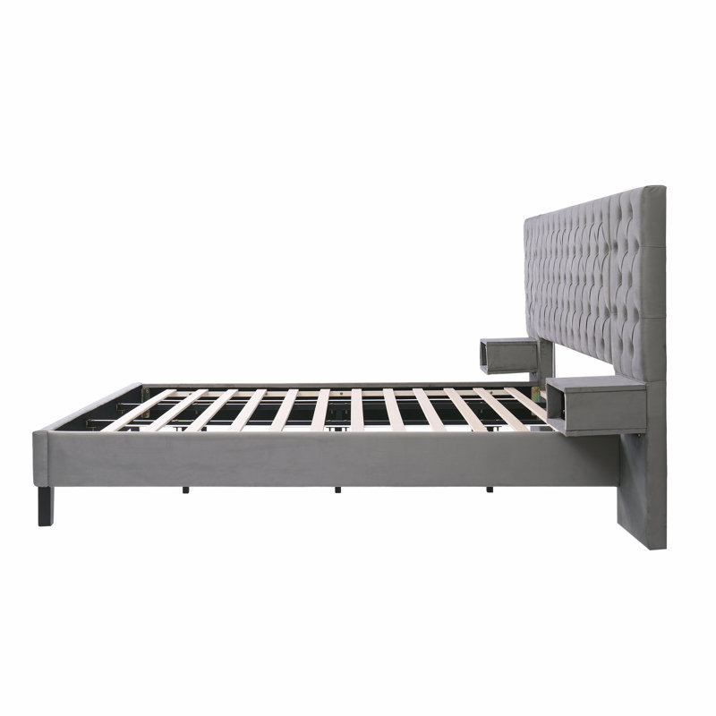 Lit plateforme très grand moderne - tête de lit en velours gris, 2 tables de chevet, fabrication en bois, sans sommier, assemblage facile avec tête de lit tapissier, diamant, propriété pour chambre à coucher rapide
