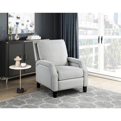 Fauteuil inclinable confortable en bois massif avec revêtement en chenille gris, garniture cloutée et siège confortable de 20 po pour le salon