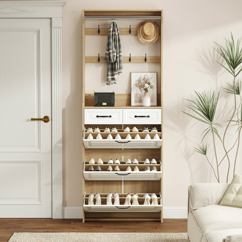 Shoe Cabinet  With 3 Doors 2 Drawers With Hanger, White/Natural