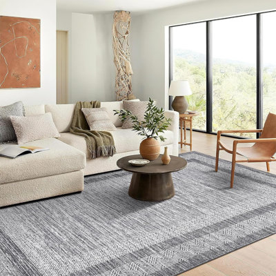 Modern Rug Thin Washable Non-Slip Geometric Border Low Pile Foldable Soft Non-Shedding Indoor Accent Carpet Gray