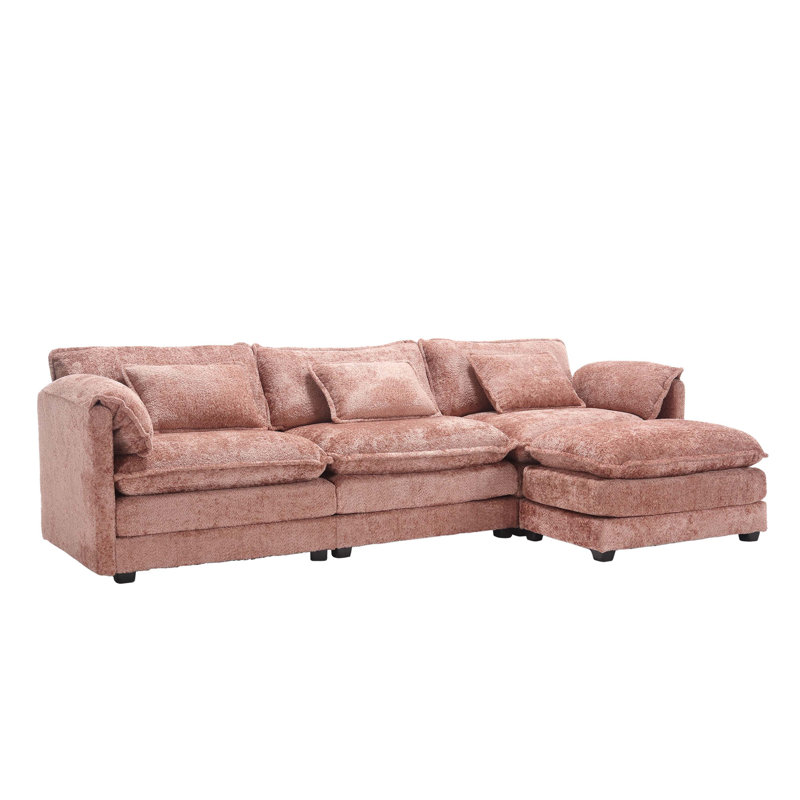 Millan 112" L Shaped Modular Sectional Sofa with Ottoman & Memory Foam, Pink Chenille