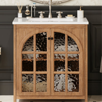 Meuble-lavabo de 31 po avec lavabo rectangulaire en céramique, rangement spacieux, charnières, verre trempé épaissi, tablettes réglables 31 po, portes à fermeture en douceur, poignées en bronze antique