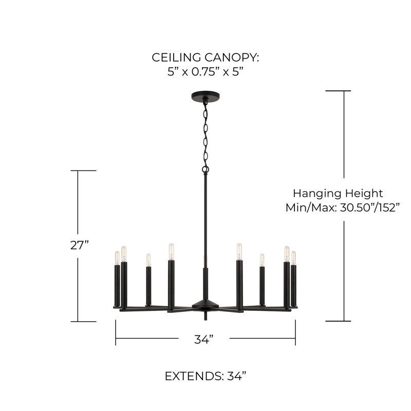 9 - Light Dimmable Modern Linear Chandelier, Matte Black