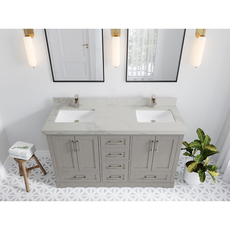Ensemble de meuble-lavabo double 60 po Esin, Calacatta Nuvo, gris
