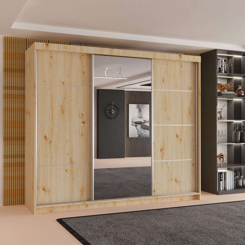 Modern 3 Door Sliding Wardrobe with Mirror, 250cm Large Bedroom Storage with 9 Shelves & Hanging Rail - White, Oak Sonoma, Cashmere, Artisan