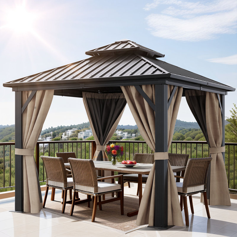 10ft x 10ft Double Roof Design Gazebo, Outdoor Patio Gazebo, Backyard Gazebo, Outdoor Pavilion, with Mesh Netting and Polyester Curtain Suitable for All Seasons