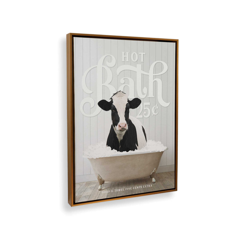 «Cow Hot Bath» par Art, L 18 po x H 24 po, Or, Toile avec cadre