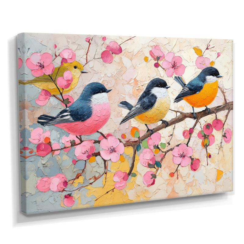 Décoration murale rose, oiseaux noirs et branches I - décoration murale oiseau, Toile tendue, H 12 po x l 20 po
