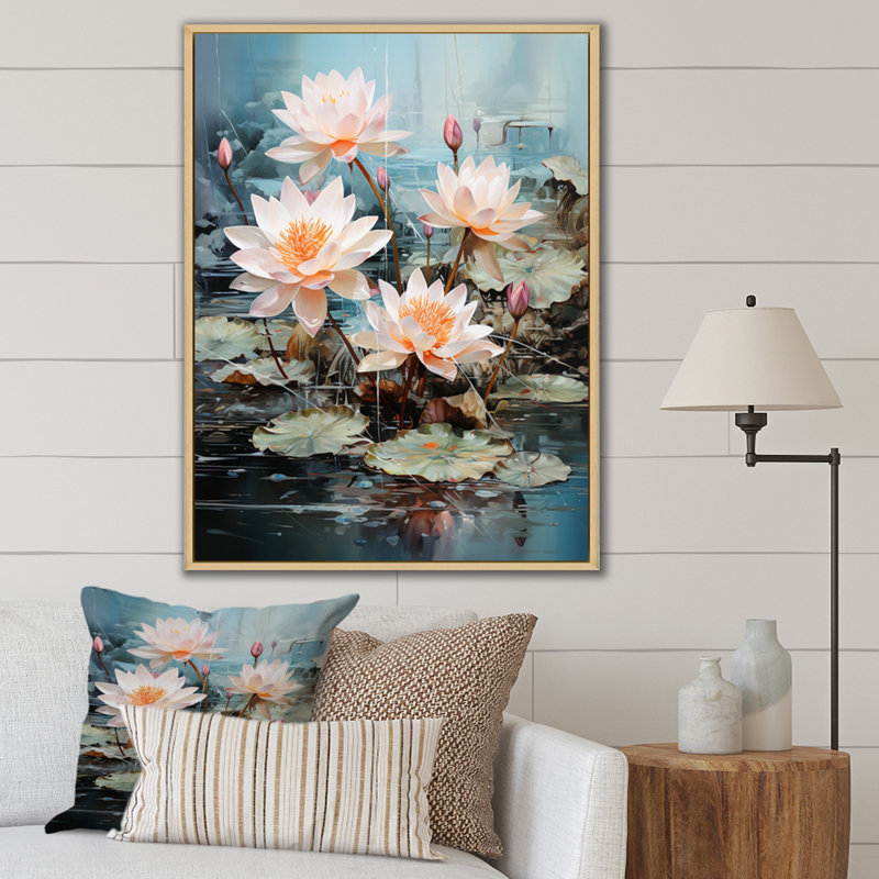 «Amebury Asian Art Lotus Pond» sur toile, Cadre naturel flottant, H 40 po x l 30 po x P 1,5 po