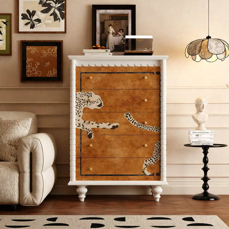 Commode à 5 tiroirs en bois massif de qualité supérieure pour le rangement à la maison, Ivoire ivoire