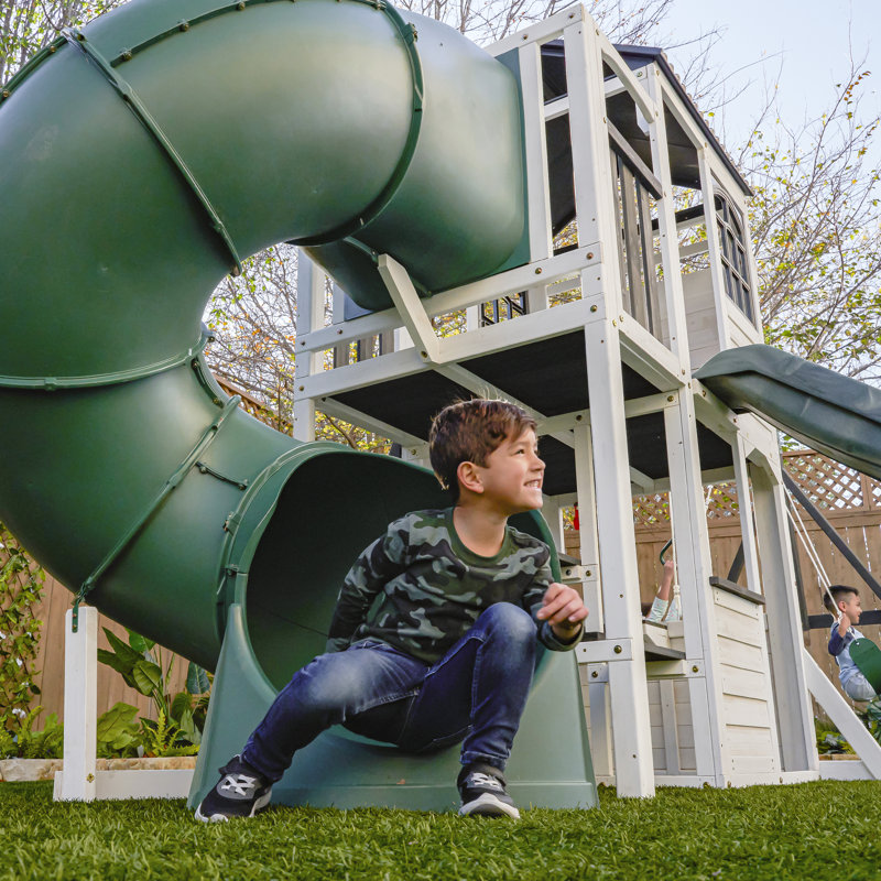 Wrangler Way Wooden Swing Set with 2 Slides, Play Kitchen, Picnic Bench and Ladder