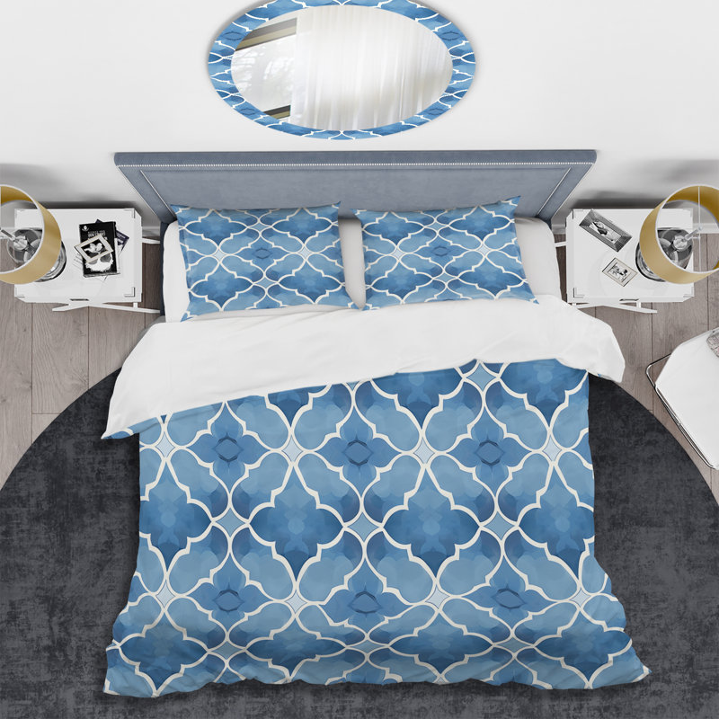 Ensemble de housse de couette moderne bleu à motif quadrilobe IV - Modern, Housse de couette pour grand lit + 2 taies décora