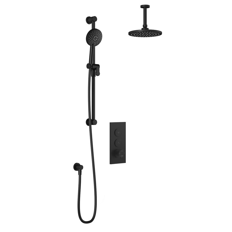 RoundOne - Thermostatic Complete Shower System with push-buttons valve - Vertical arm, Matte Black