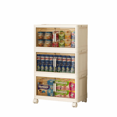 19.69" Wide 3-Tier Folding Storage Cabinet With Wheels, Collapsible Plastic Organizer With Magnetic Doors