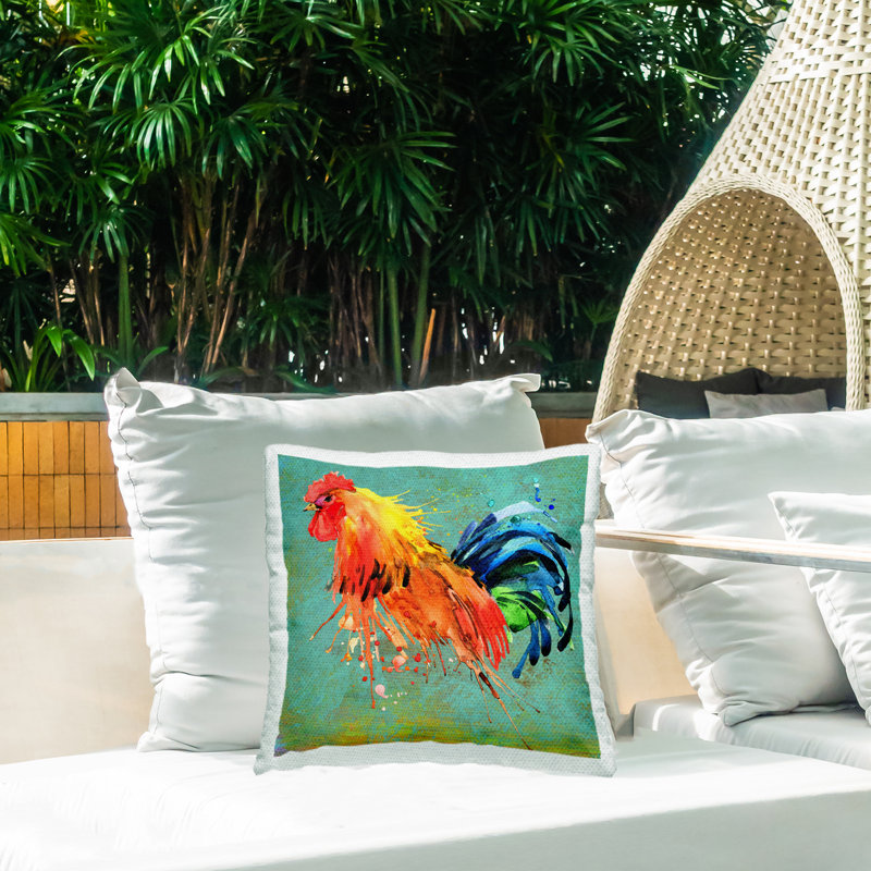 Coussin d'extérieur à imprimé abstrait Modern Rooster par Karen Smith