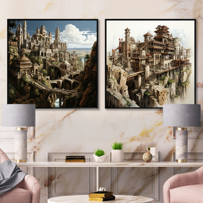 Analytic Drawing Of A Fortresses - Fortresses Square Collage Set Of 2