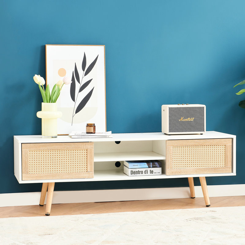 Console de télévision 56,48 po, rangement à double porte coulissante, tablette réglable, pieds en bois massif, blanc, table de forte capacité de charge, portes, pieds pratiques