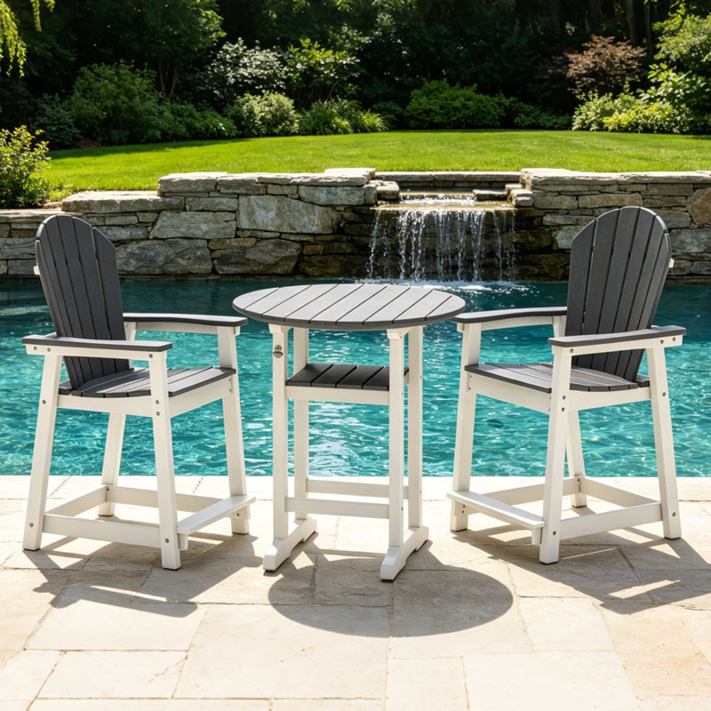 Ensemble de bar de patio 3 pièces, chaises Adirondack en PEHD pour l'extérieur, Blanc/Noir